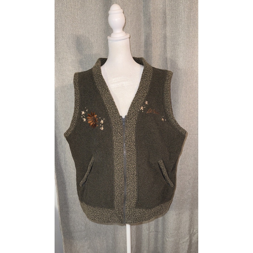 Vintage LL Bean Fleece Vest  zip Womens Size Medium Embroidered Bear Floral Fall